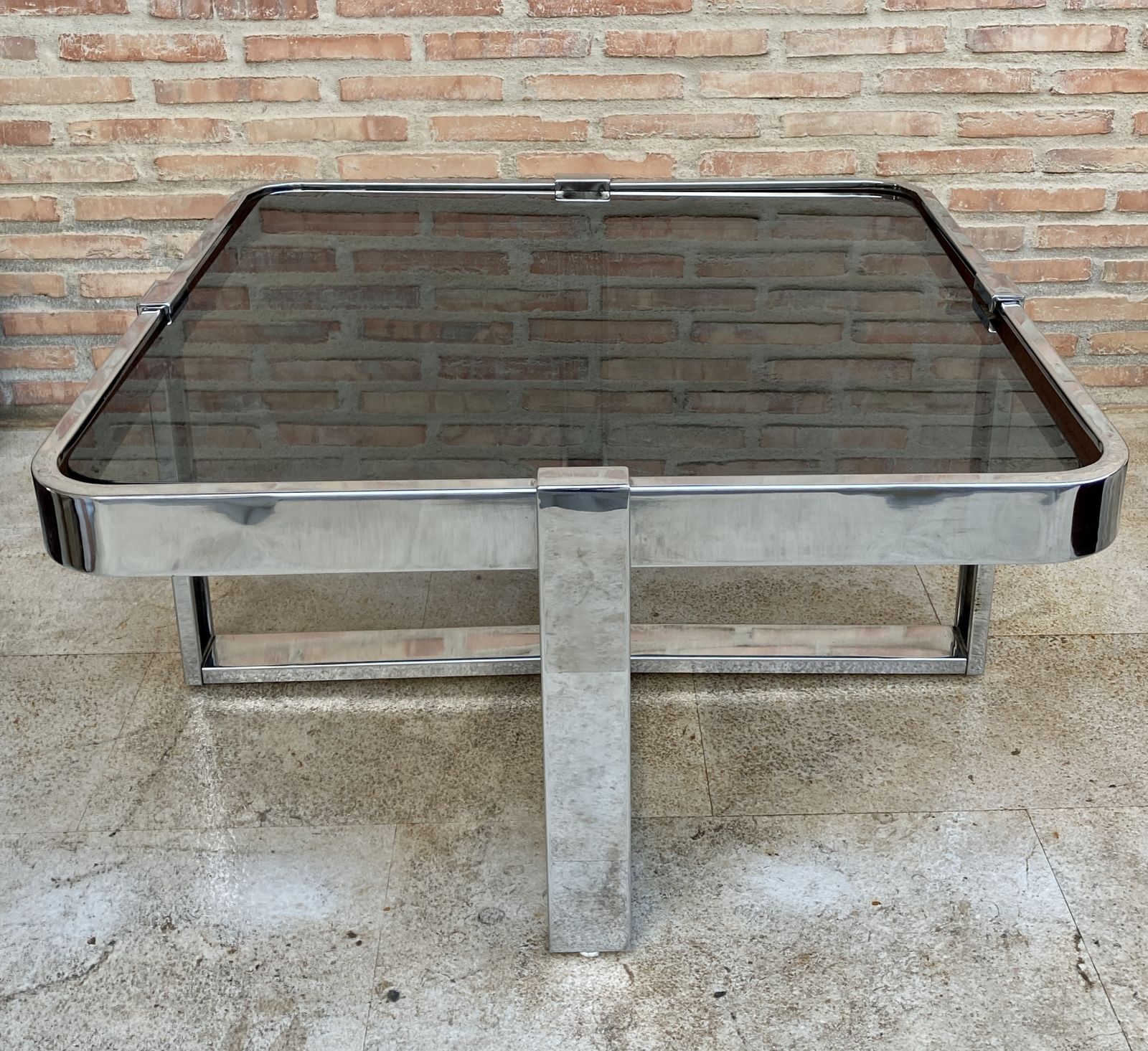 Square Smoked Glass And Steel Coffee Or Side Table With Four Nesting Stools, 1970s, Set Of 5 photo Furniture