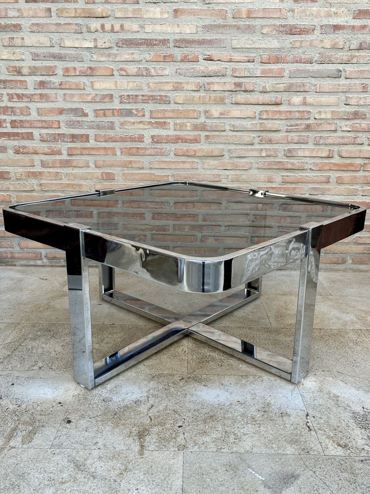 photo vinterior Square Smoked Glass And Steel Coffee Or Side Table With Four Nesting Stools, 1970s, Set Of 5