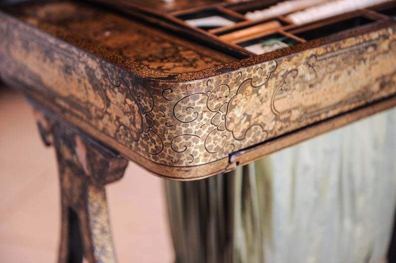 1790s Regency China Export Qing Period Chinoiserie Hand Painted Lacquered Sewing Table With Original Bone & Ivory Bobbins Ol photo 2920.0
