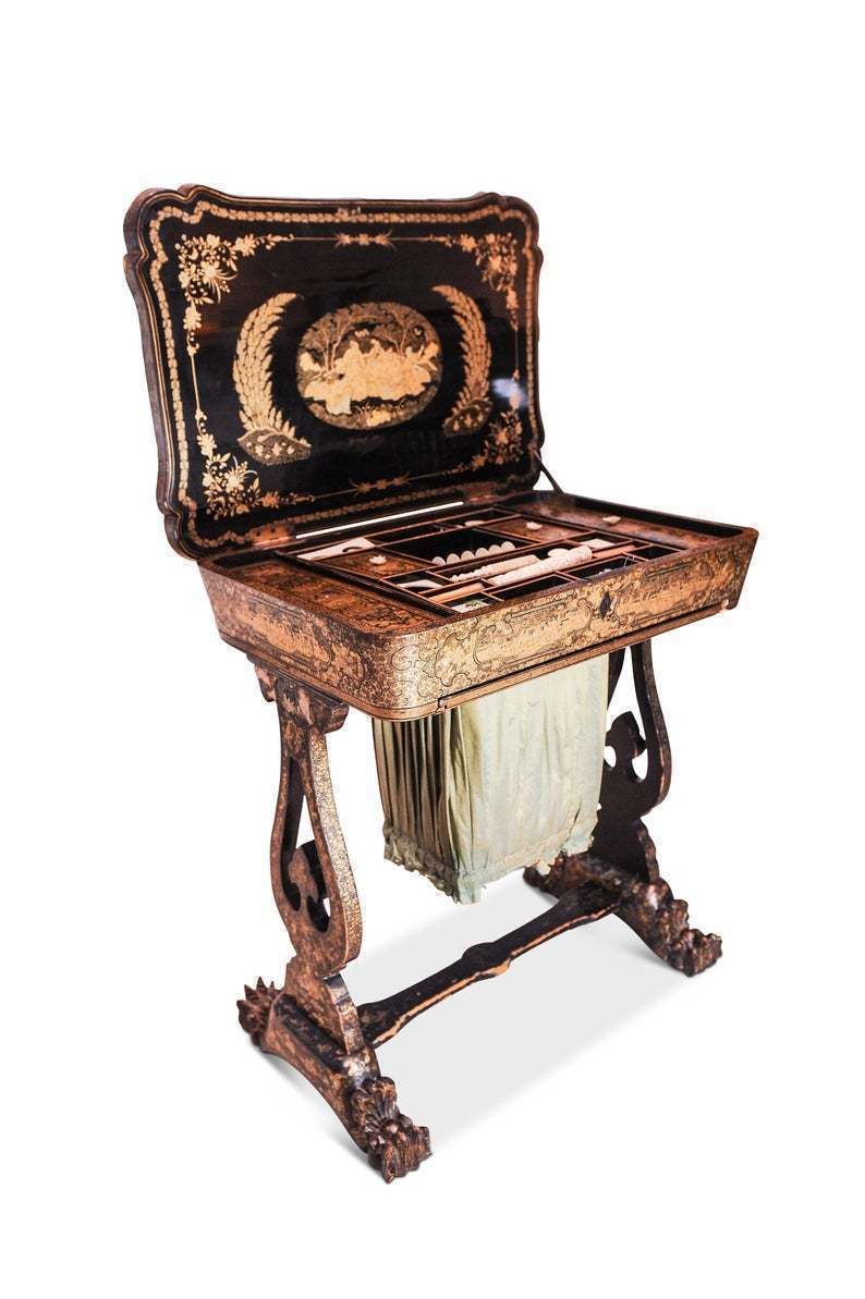 1790s Regency China Export Qing Period Chinoiserie Hand Painted Lacquered Sewing Table With Original Bone & Ivory Bobbins Ol