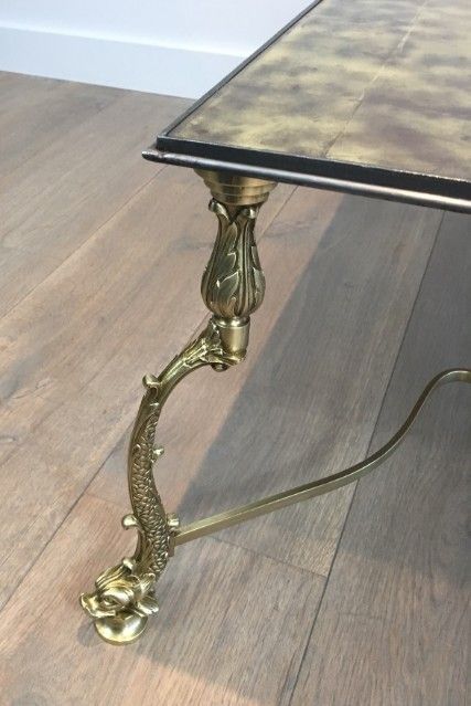 Maison Jansen. Rare Dolfins Neoclassical Brass Coffee Table With Beautiful Gold On Glass Top. French. Circa 1940 photo 2220.0