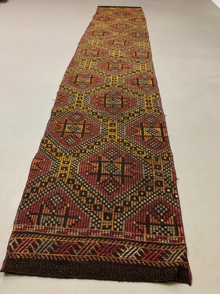 Old Turkish Narrow Kilim Runner 314x64 Cm, Shabby Chic, Vintage Kelim Red Black
