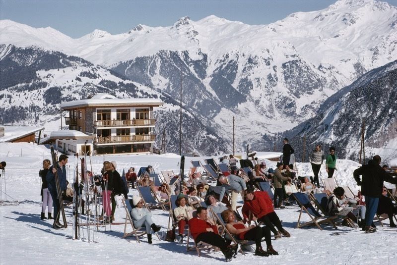Slim Aarons 'Skiers At Courchevel' 1979 Oversize C Type Print Framed In White photo furniture