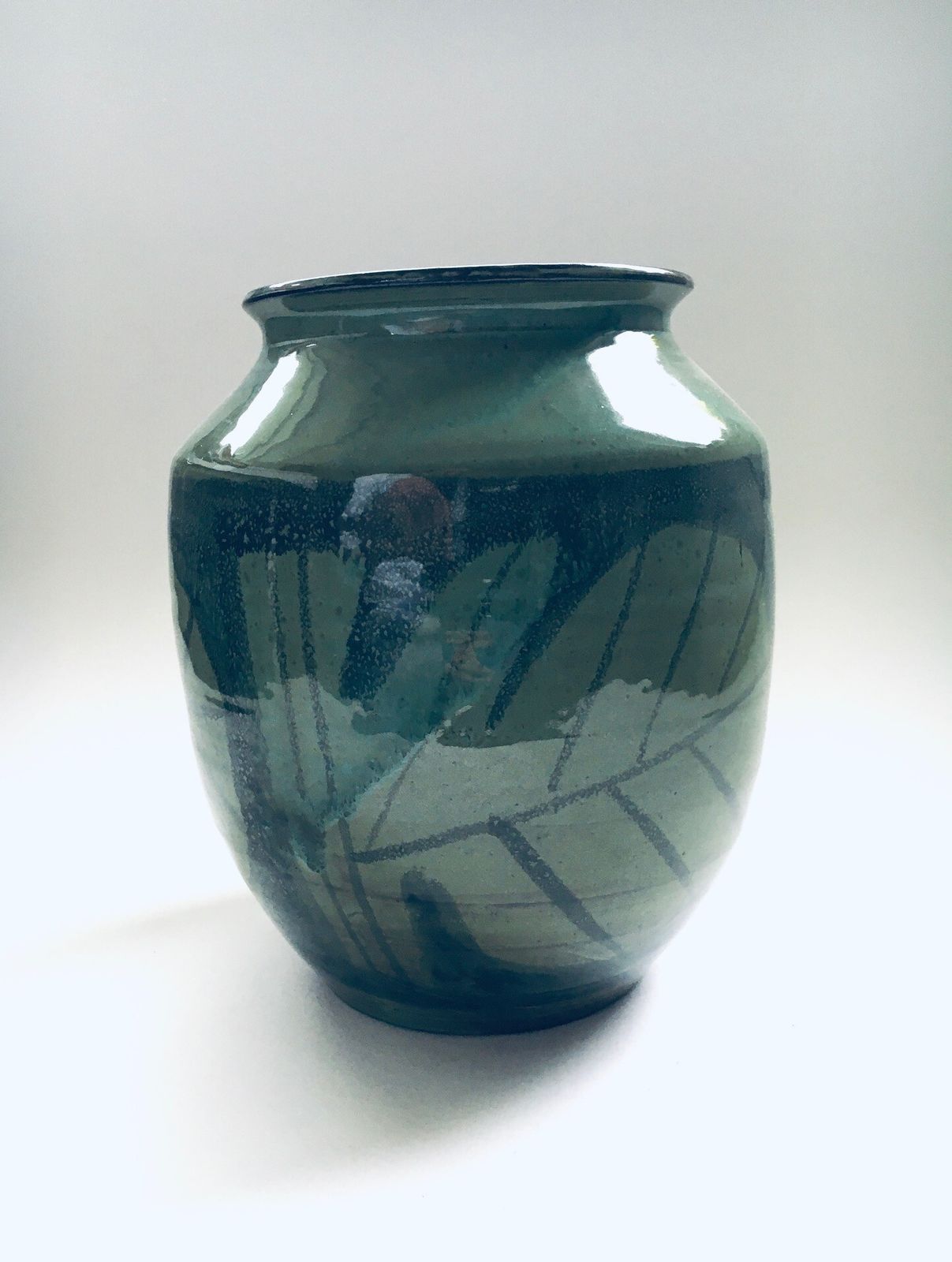 Midcentury Modern Art Studio Pottery Leaf Pattern Vase, 1970s photo furniture