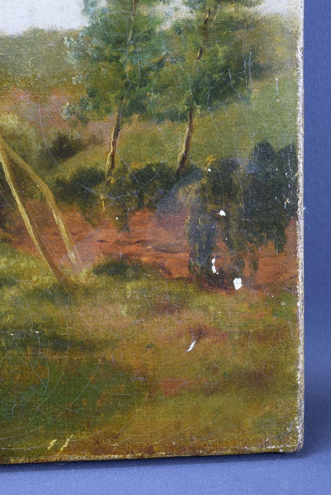 Vintage Oil Painting On Canvas Boat Pastoral Landscape French School photo Art