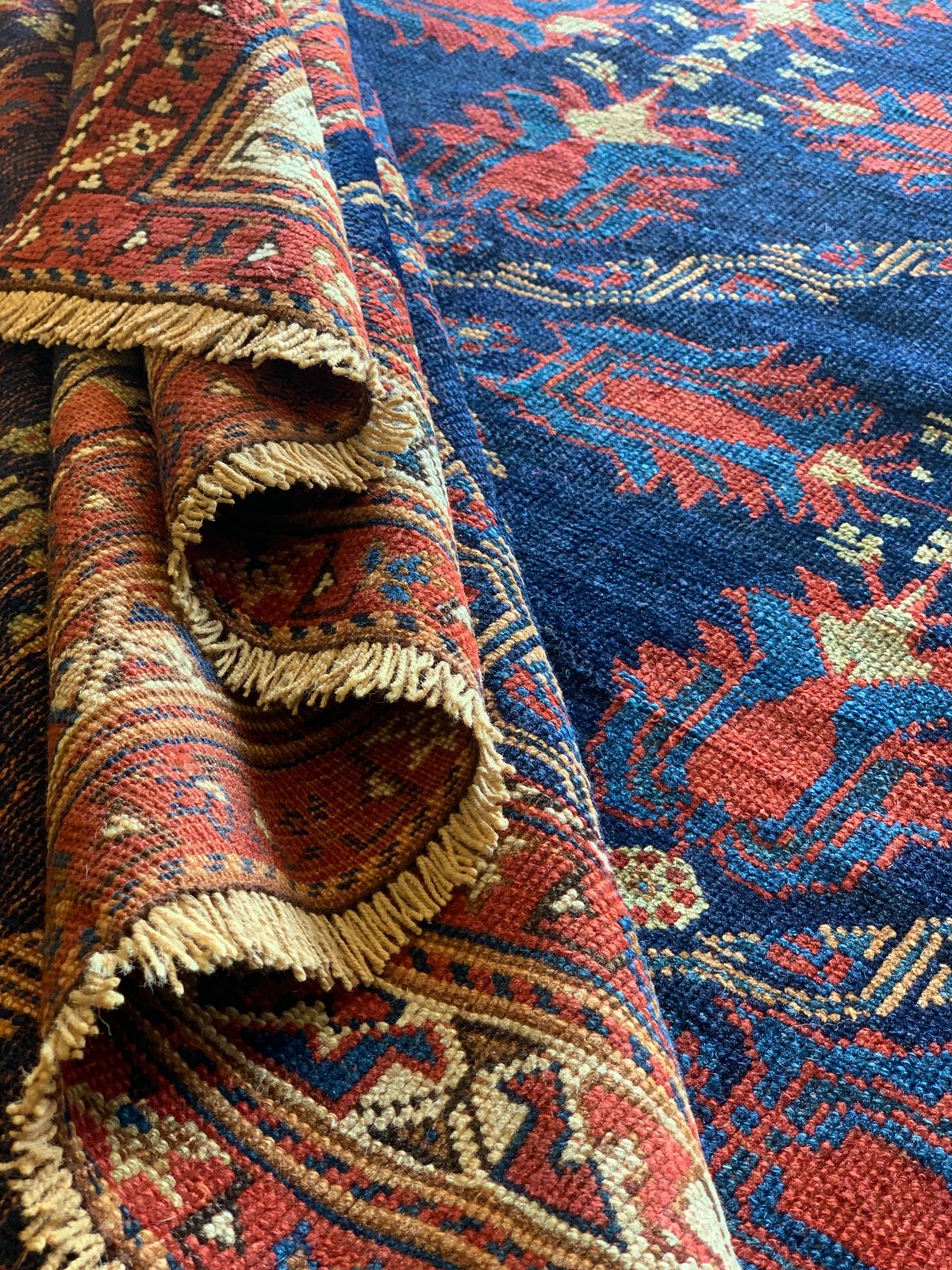 Antique Rugs Handmade Carpet Azerbaijan Blue Wool Rug 131x165cm photo for sale