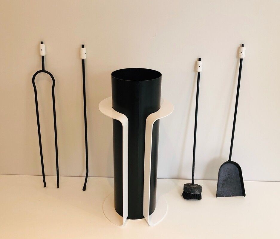 Black And White Lacquered Design Fire Place Tools On Stand. French. Circa 1980 photo vinterior