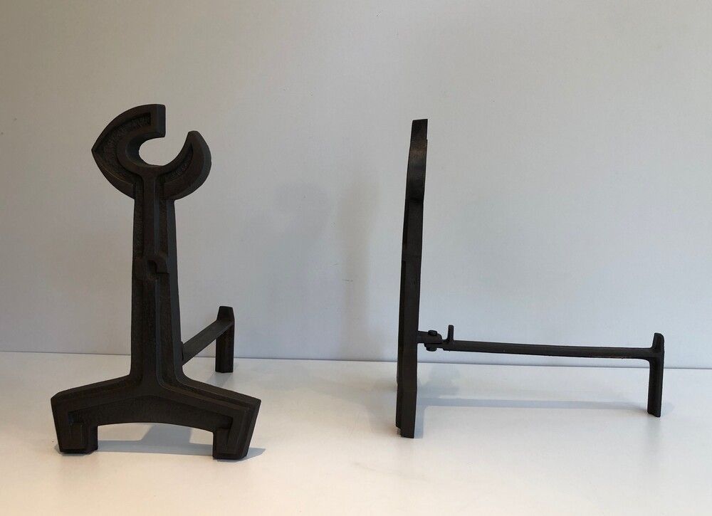 Pair Of Cast Iron And Wrought Iron Flat Key Andirons. French. Circa 1950 photo Home Fixtures