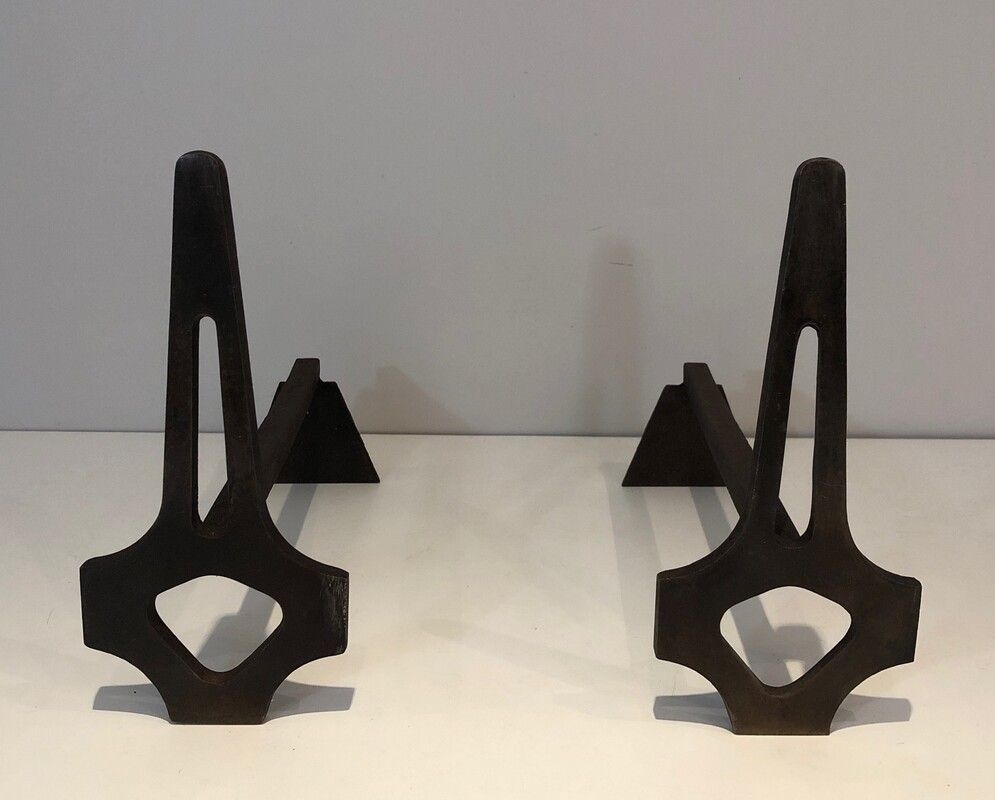 Pair Of Modernist Steel And Wrought Iron Andirons. French. Circa 1970