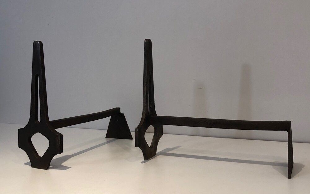Pair Of Modernist Steel And Wrought Iron Andirons. French. Circa 1970 photo 750.0