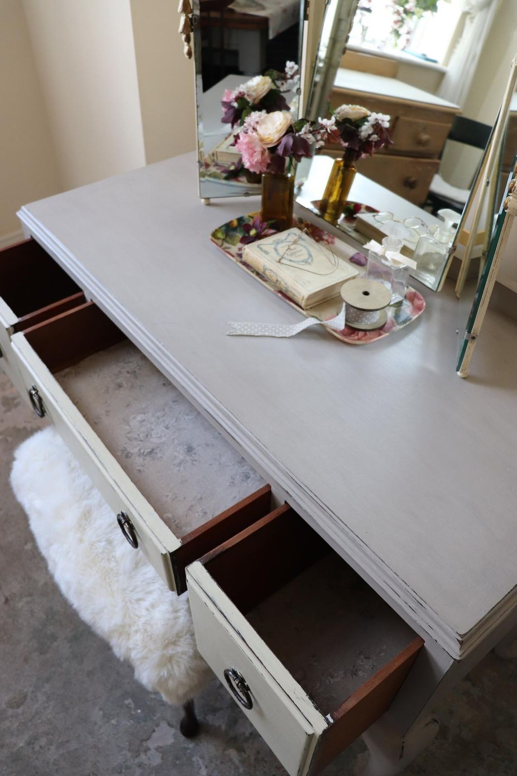 Restored Vintage 1940s Dressing Table In Pastille Grey And Linen photo buy