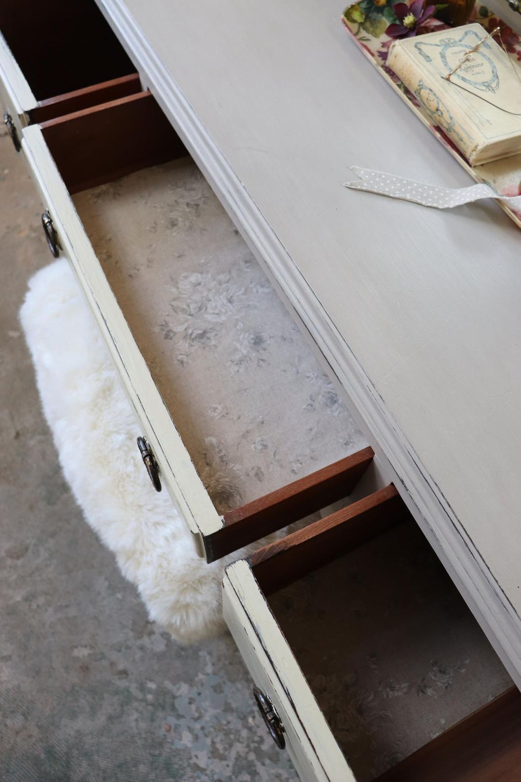 Restored Vintage 1940s Dressing Table In Pastille Grey And Linen photo vintage