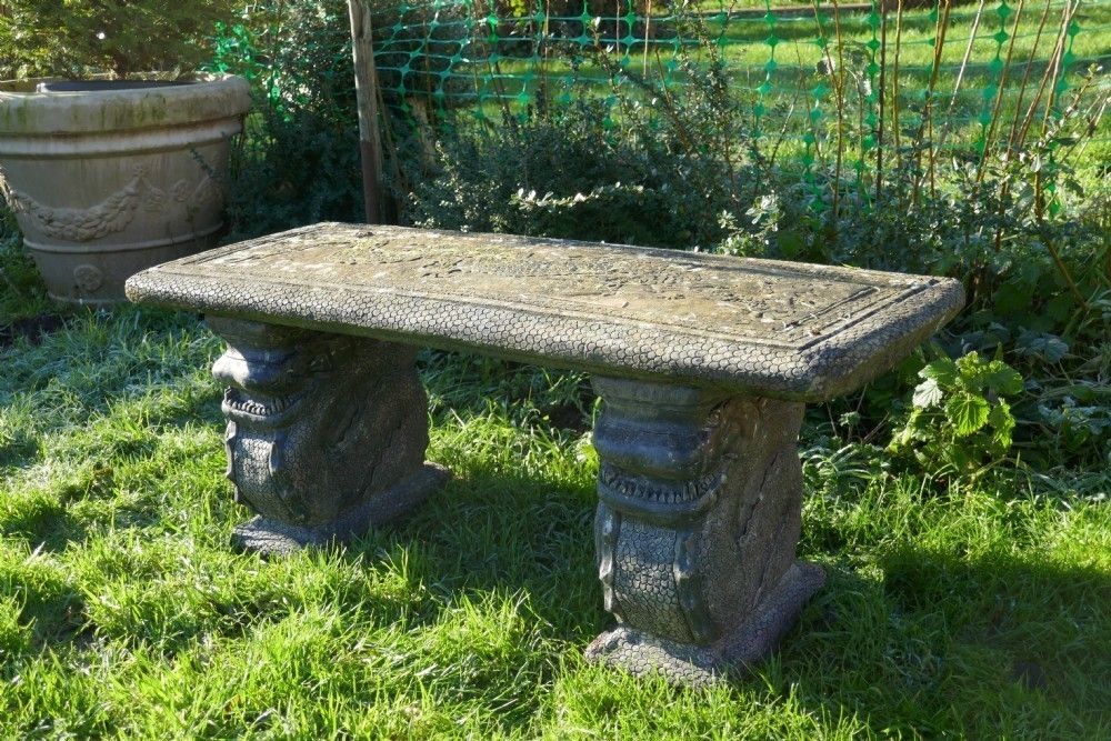 Old Weathered Oriental Cast Garden Bench, With Dragons