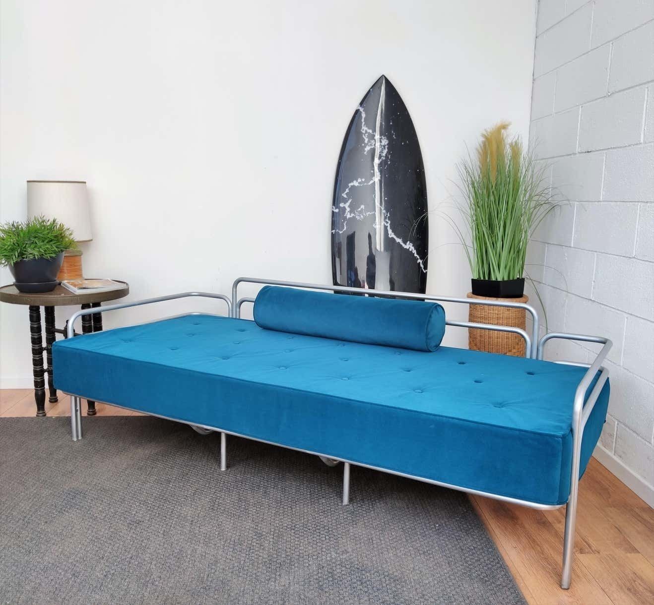1960s Italian Steel And Tufted Velvet Blue Re Upholstered Sofa Or Daybed photo furniture