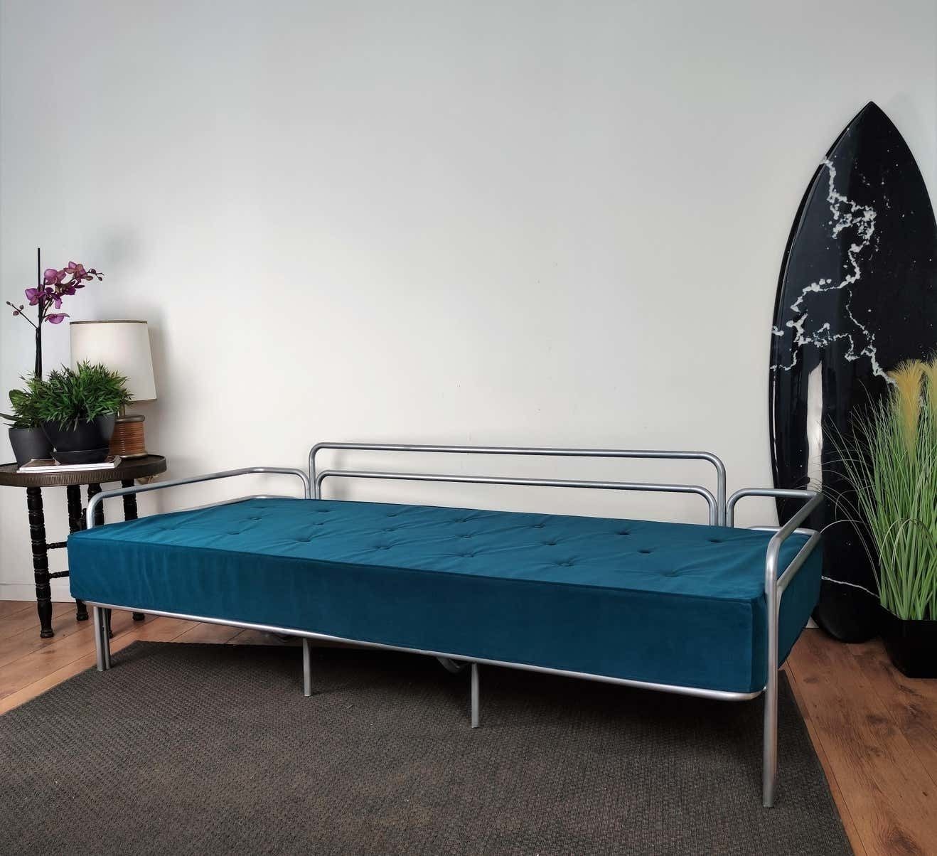 1960s Italian Steel And Tufted Velvet Blue Re Upholstered Sofa Or Daybed photo vintage