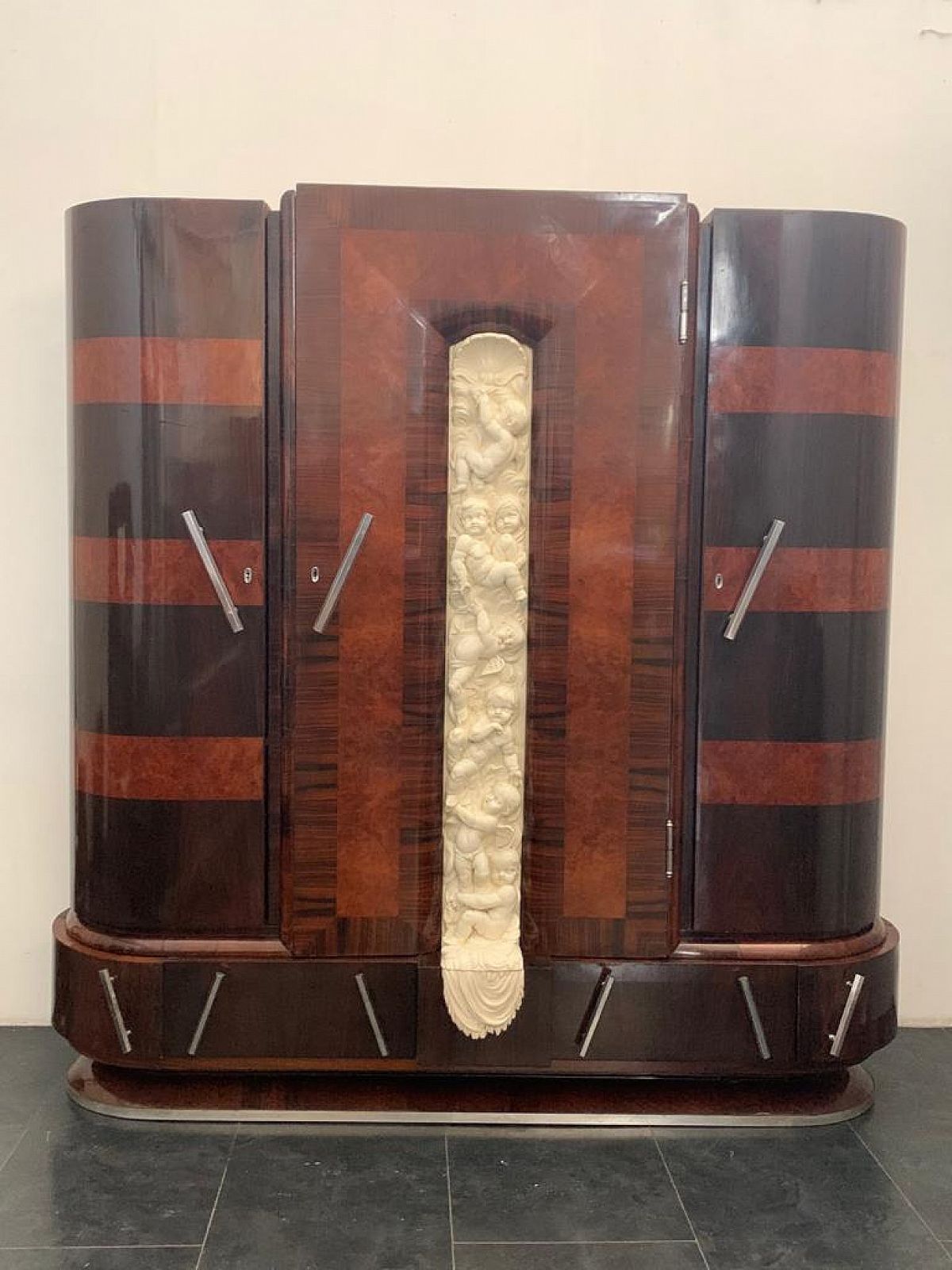 photo furniture Closet In Carved Walnut And Rosewood With Lacquered Front By Ducrot, 1920s