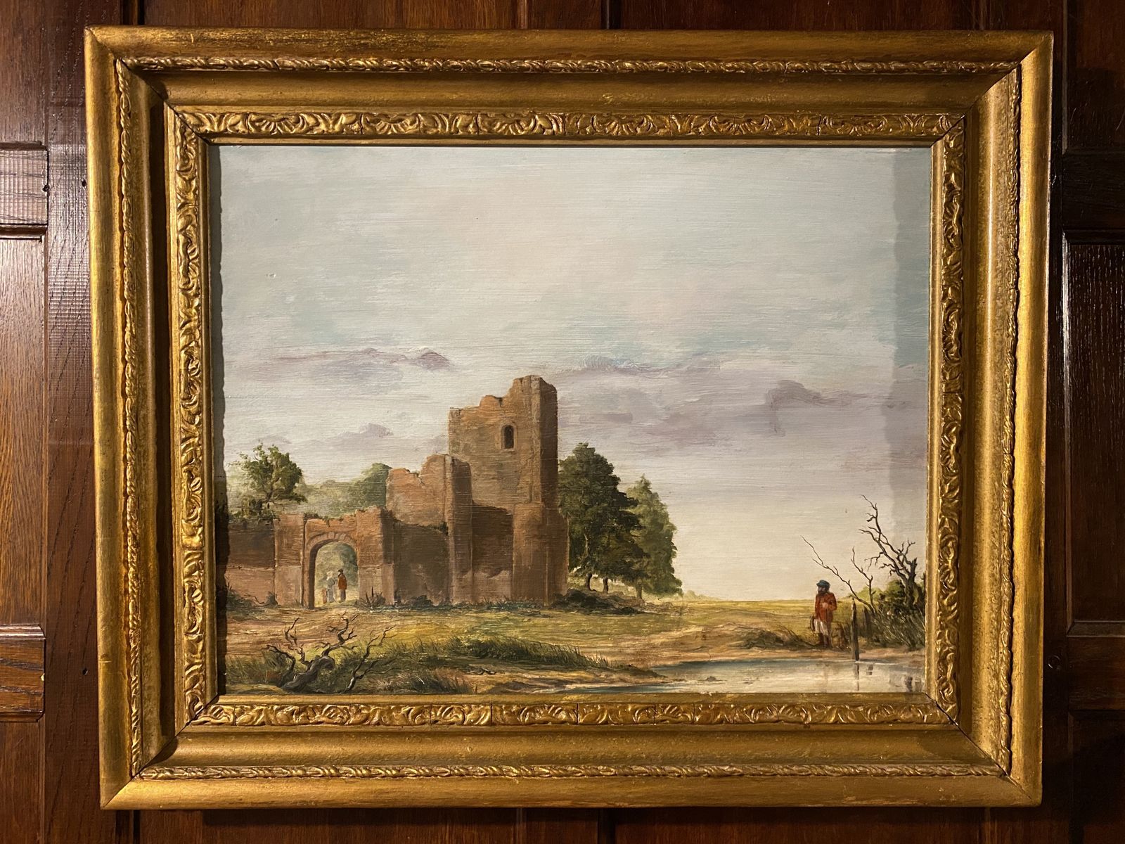 Oil Painting   19th Century Landscape Ruined Castle Gateway
