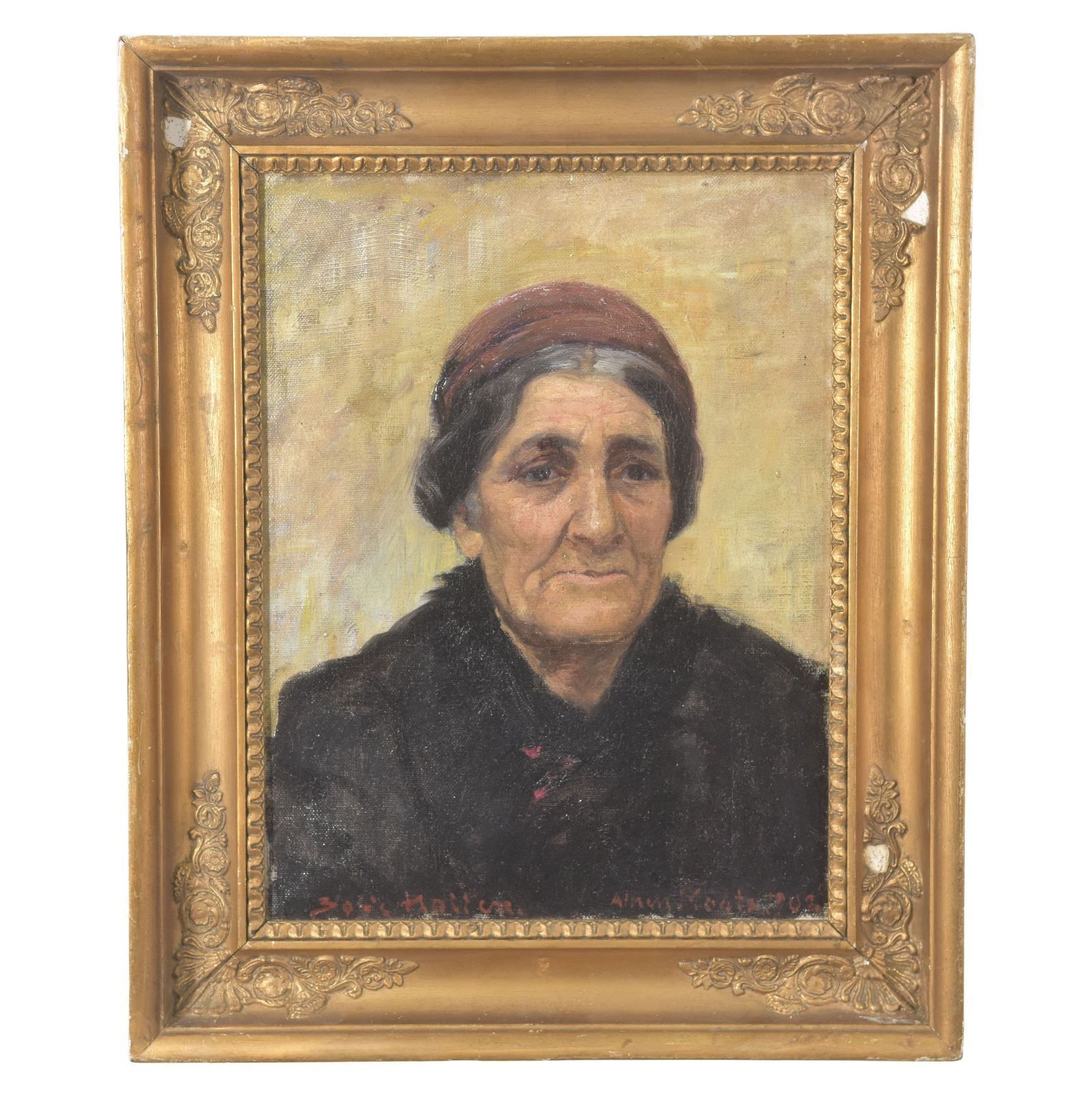 Portrait Of Oil Painting Depicting Old Greek Woman 19th
