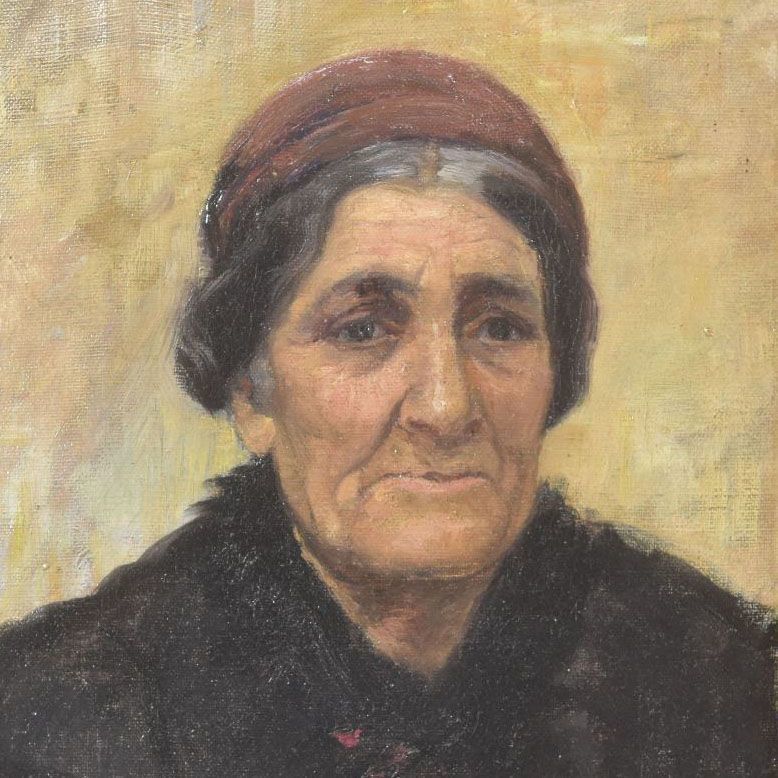Portrait Of Oil Painting Depicting Old Greek Woman 19th photo furniture