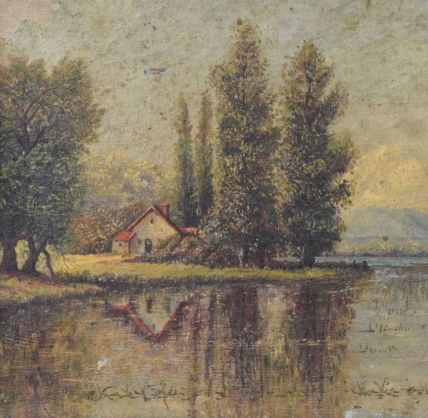 Oil Painting On Canvas Lake Scene House At The Water's Edge 19th photo furniture