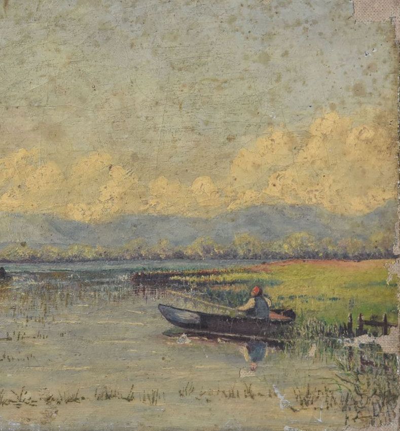 Oil Painting On Canvas Lake Scene House At The Water's Edge 19th photo Art