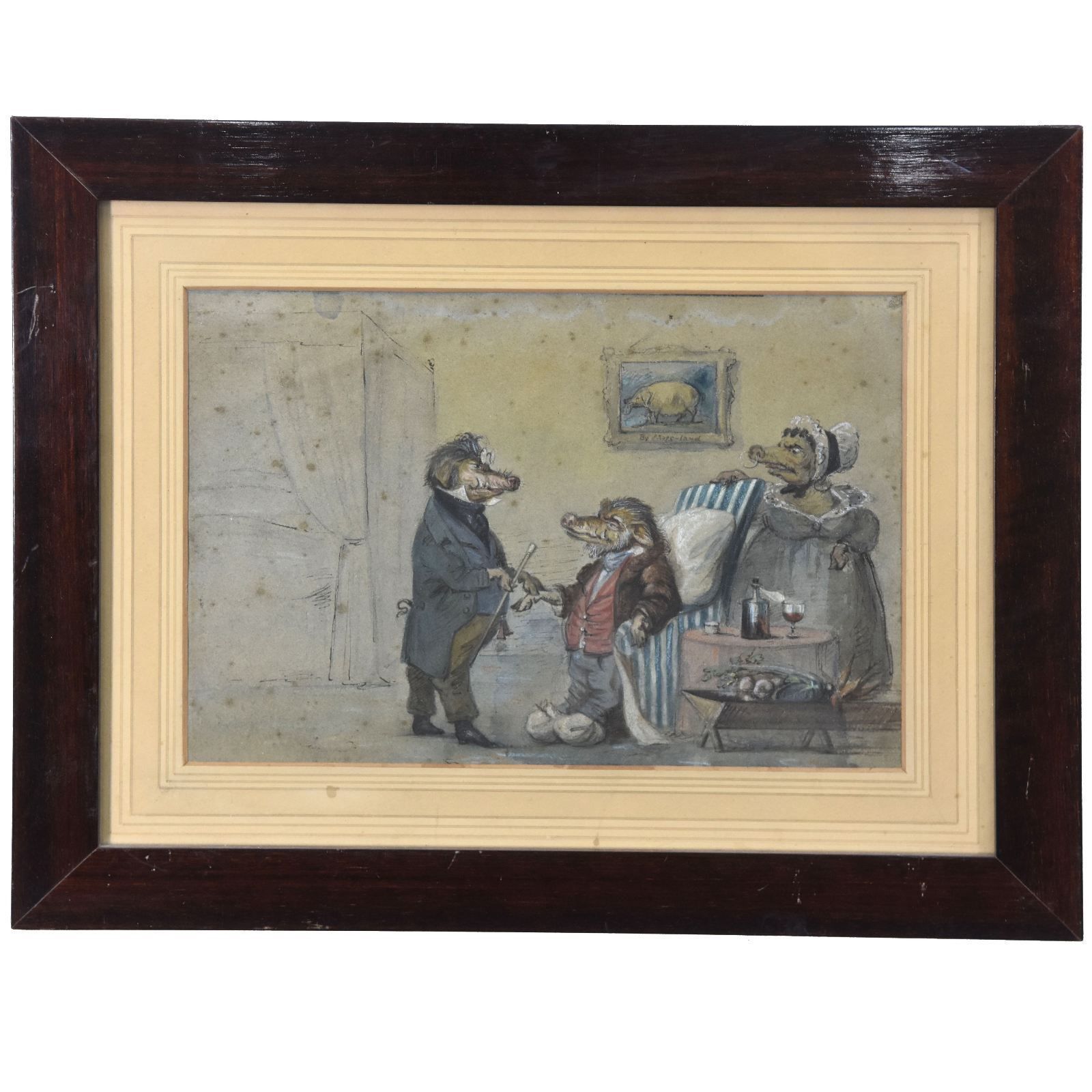 Painting With Gouache With Wild Boars At The End Of The 19th Century