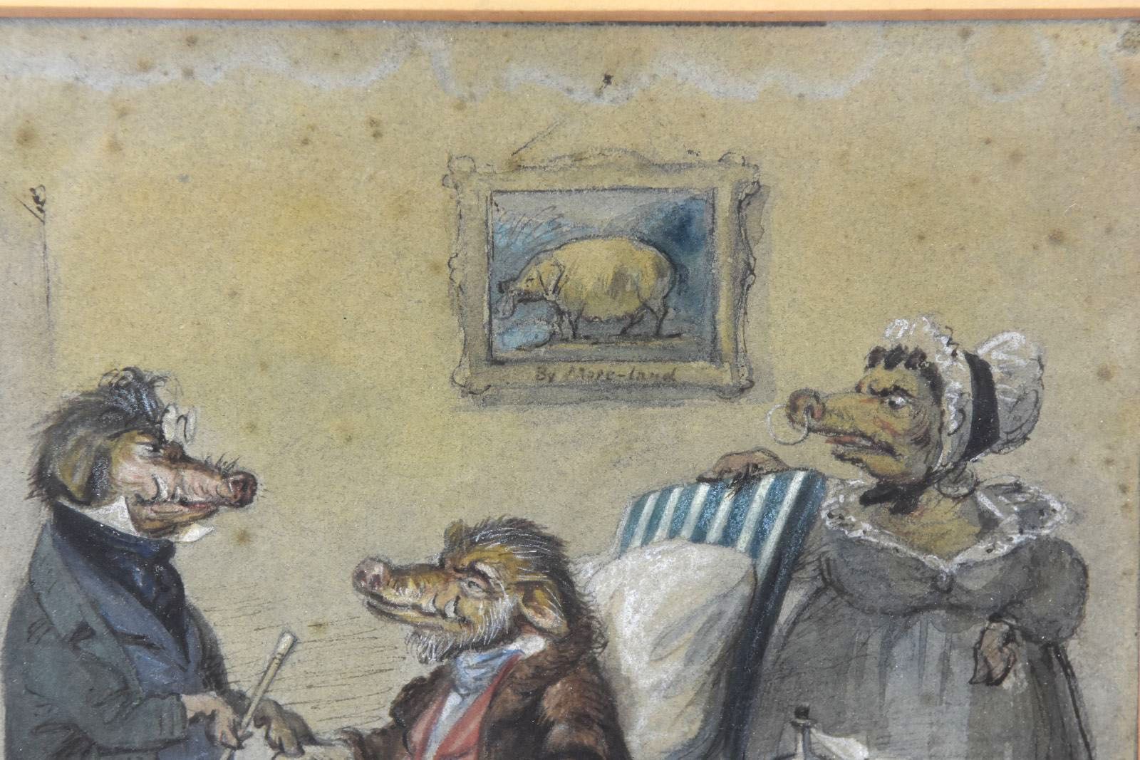 Painting With Gouache With Wild Boars At The End Of The 19th Century photo for sale