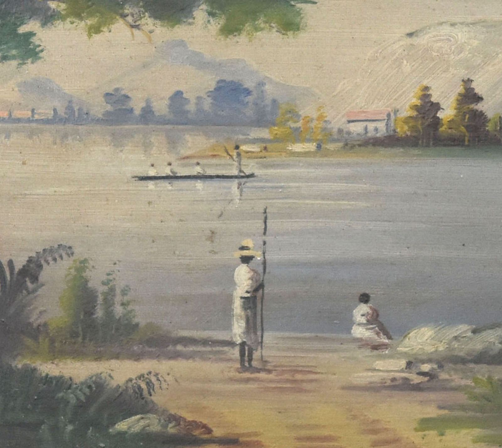 Africanist Lake Scene Painting With Fishermen Period 1900 photo for sale