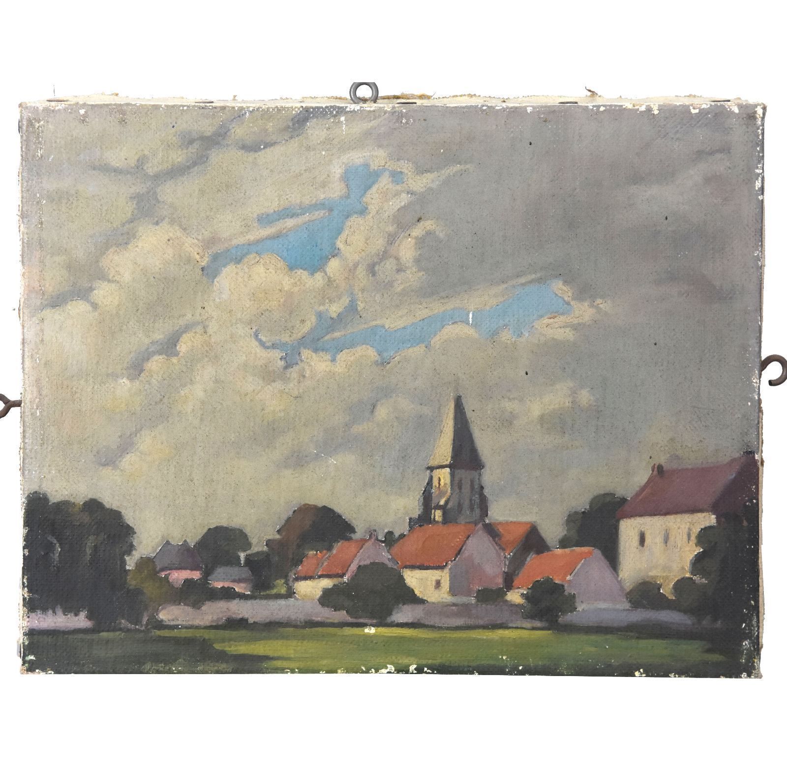 Oil On Canvas French School 1940s Landscape With The Bell Tower