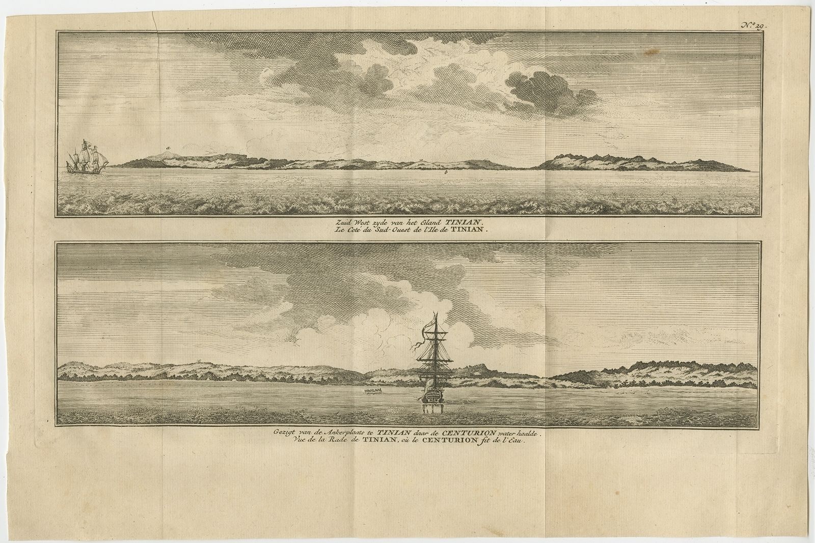 Antique Print With VI Ews Of Tinian Island By Anson (1749)