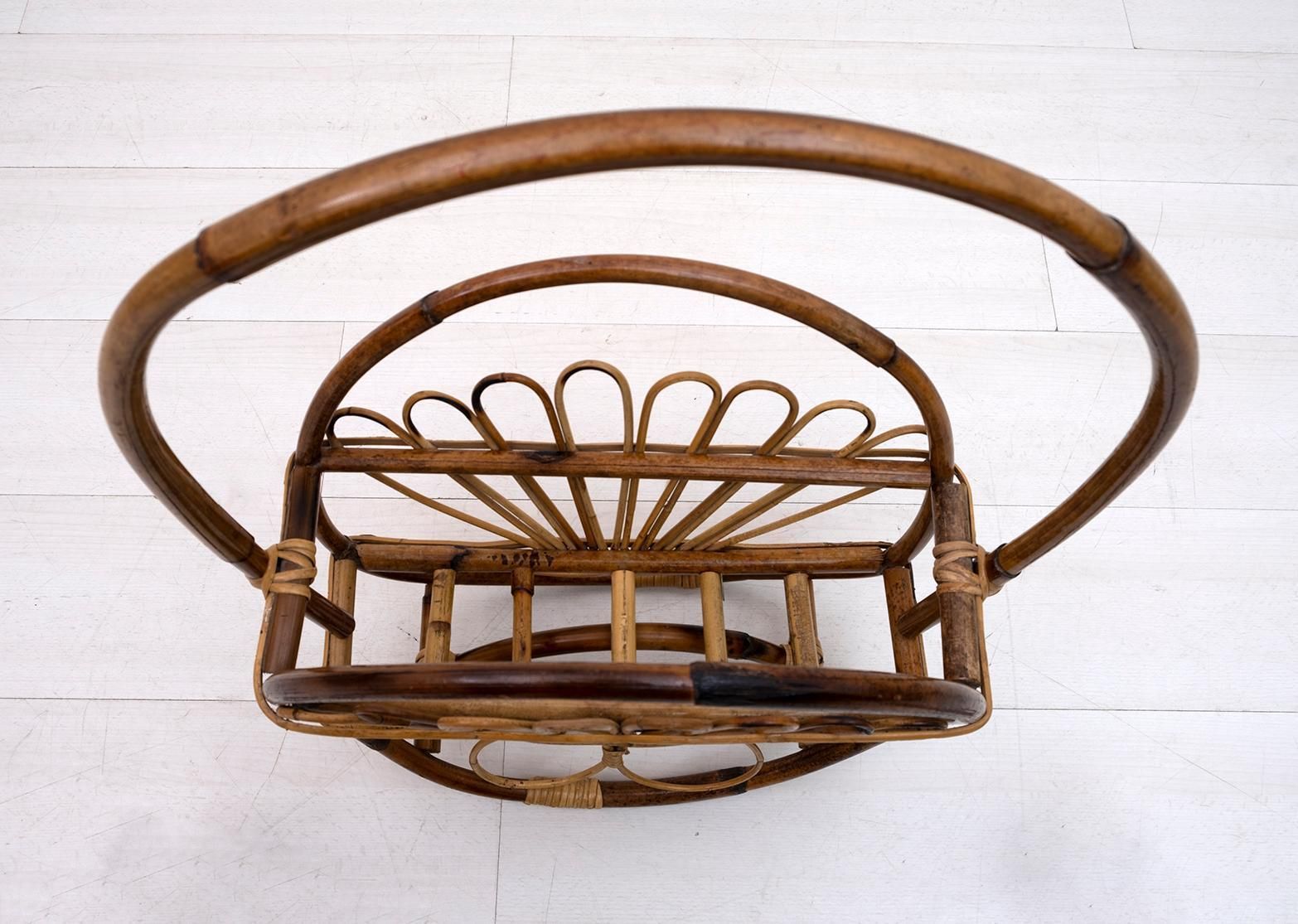 Mid Century Modern Italian Rattan Bamboo Magazine Rack Stand, 1960s photo vinterior