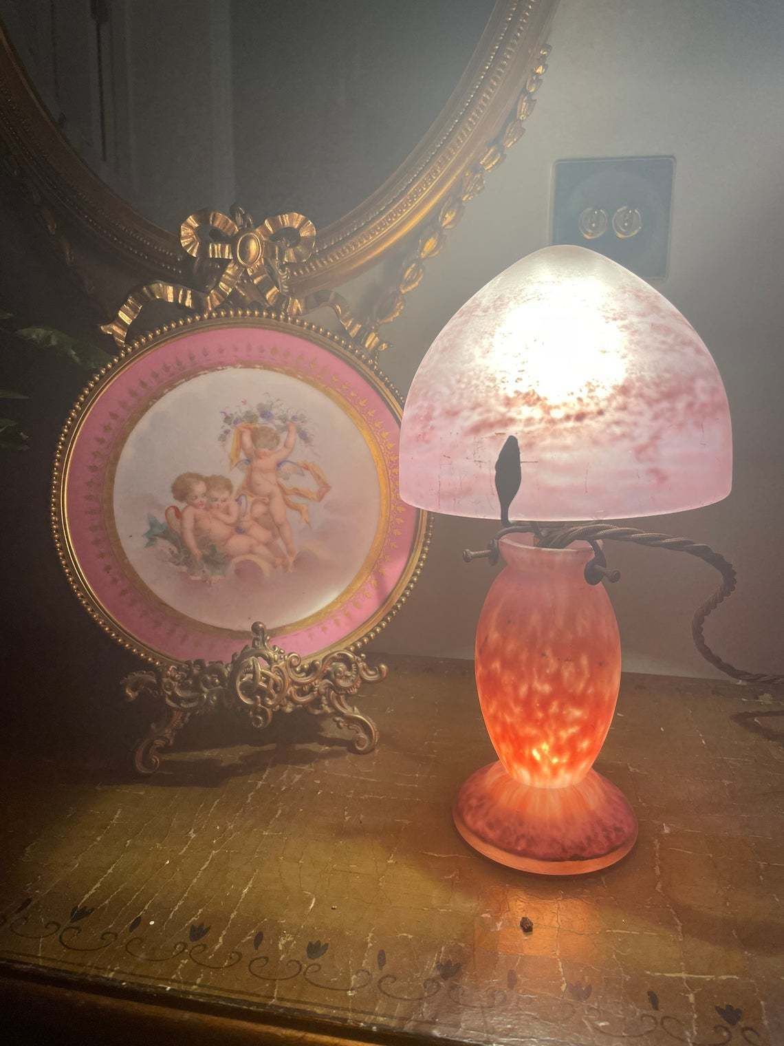 Daun For Lorraine Mushroom Lamp Very Rare 1920s Art Deco French Pink / Light /Art