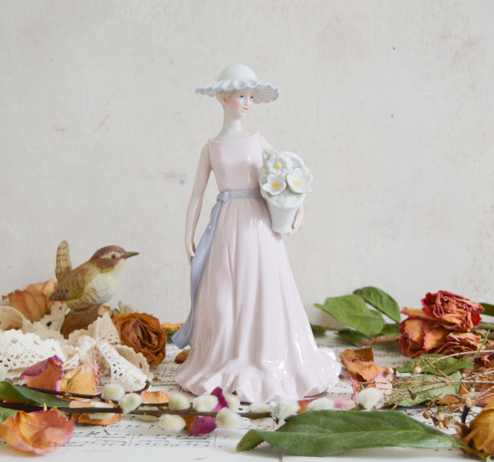 Rare Antique German Carl Scheidig Grafenthal Porcelain C1906 1940, Figurine Ornament Lady With Flower Basket, Marks " Crown Above S "