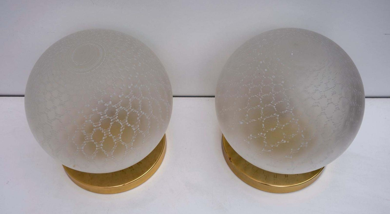 Pair Of Mid Century Modern Italian Brass And Murano Glass Ball Table Lamps, 70s photo for sale