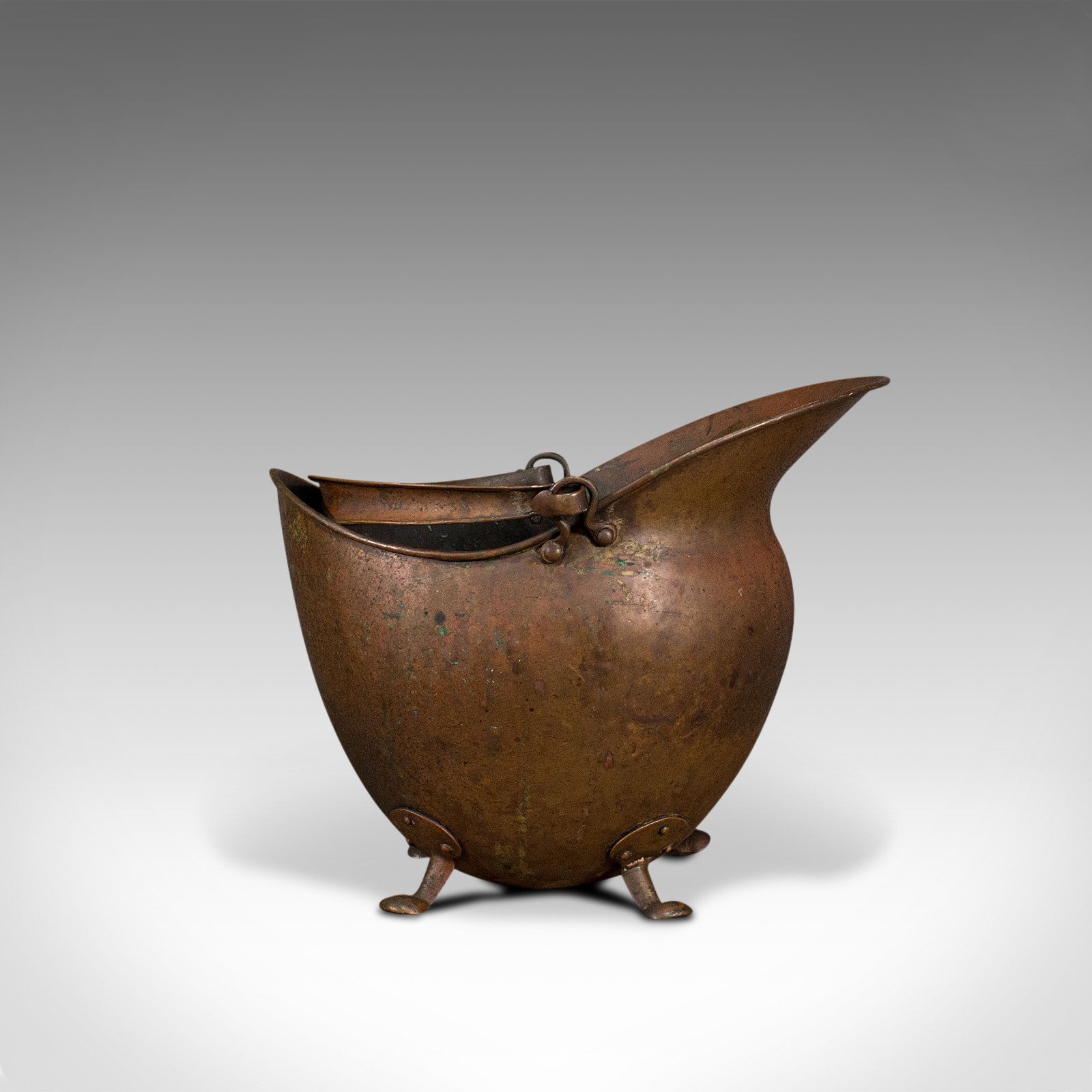 Antique Helmet Scuttle, English, Copper, Coal Basket, 1880 photo furniture