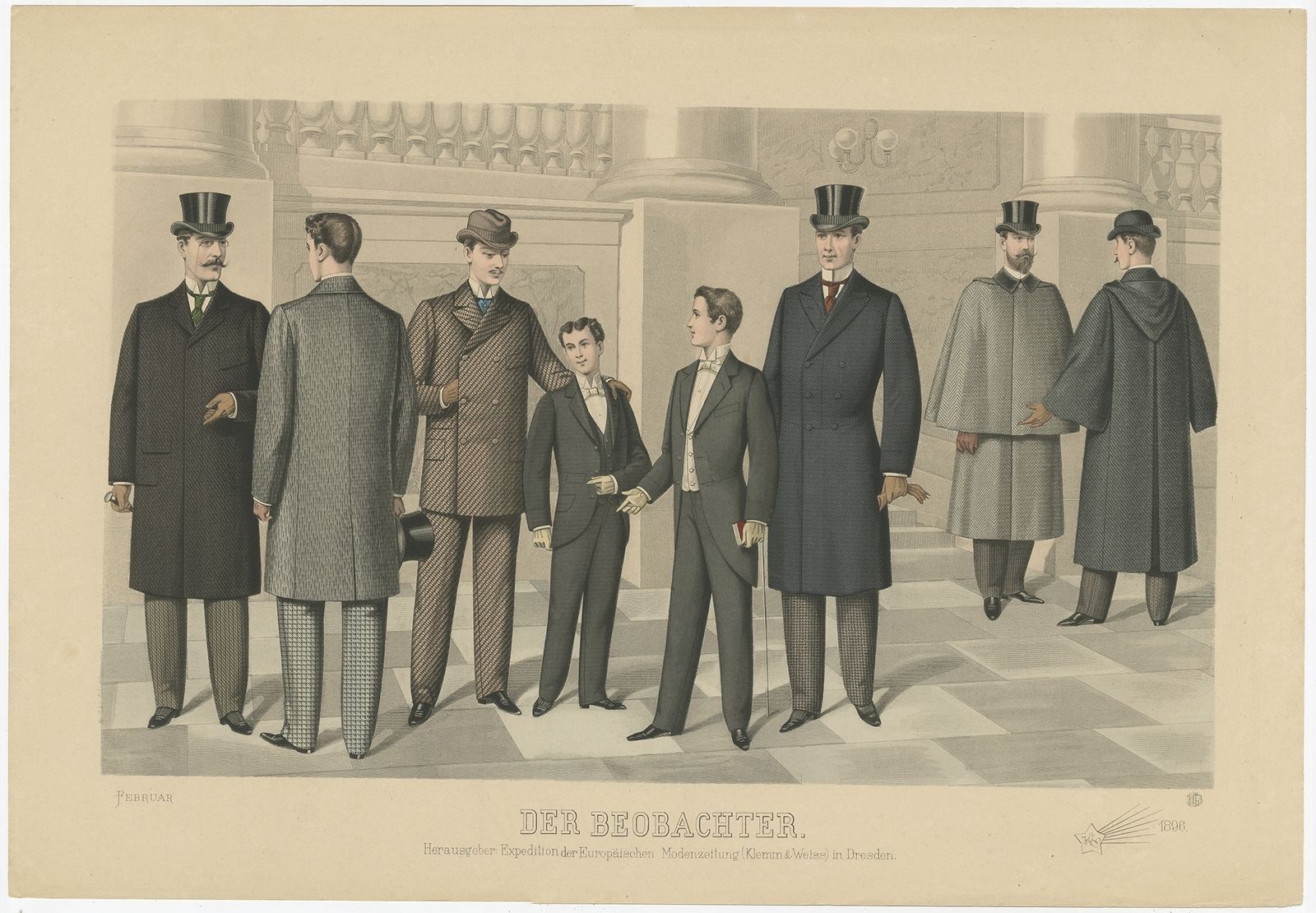Antique Print Of Fashion In February 1896 By Klemm & Weiss (C.1900)