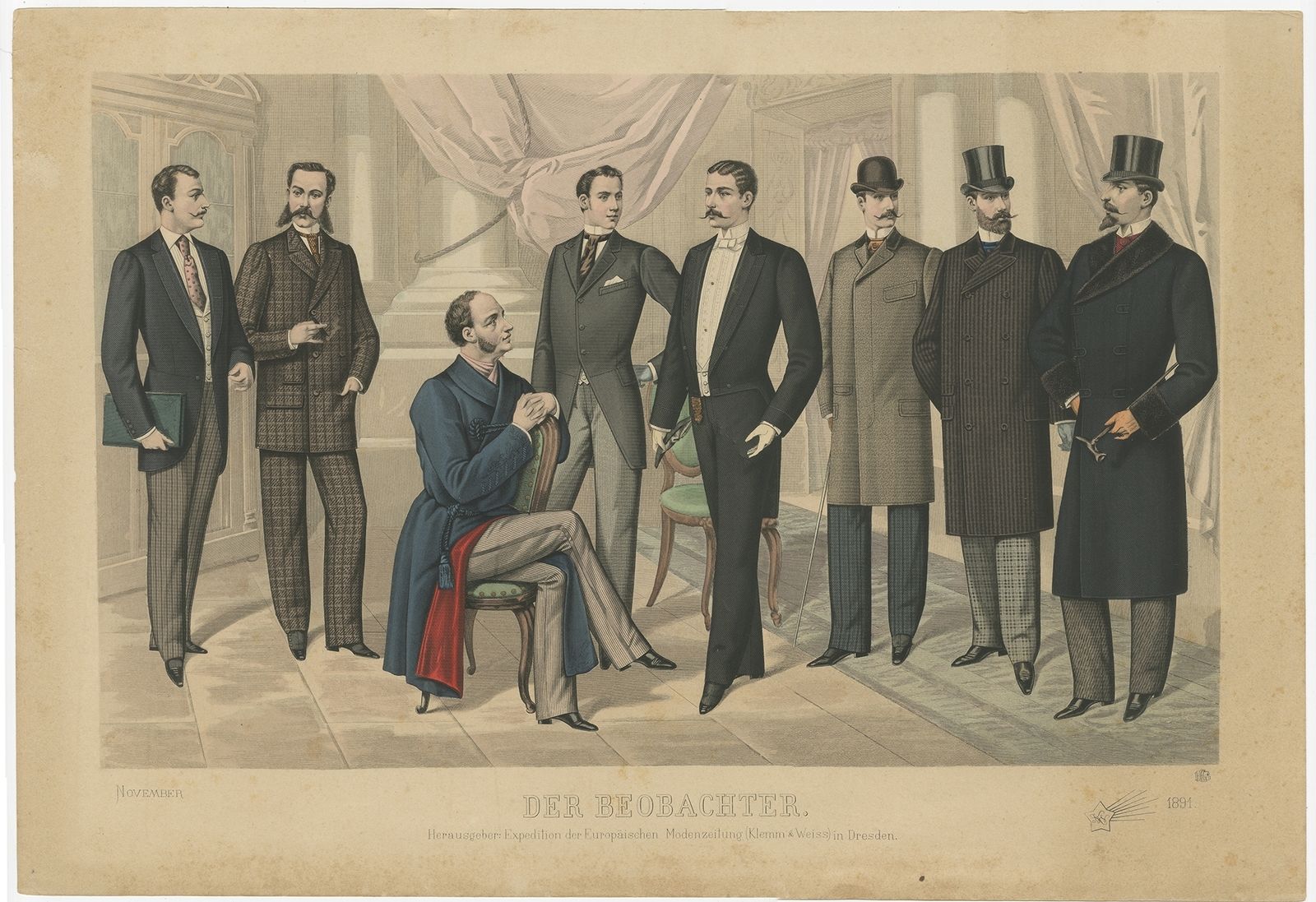 Antique Print Of Fashion In November 1891 By Klemm & Weiss (C.1900)