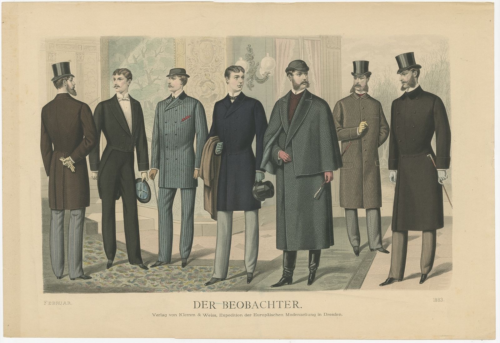 Antique Print Of Fashion In February 1883 By Klemm & Weiss (C.1900)