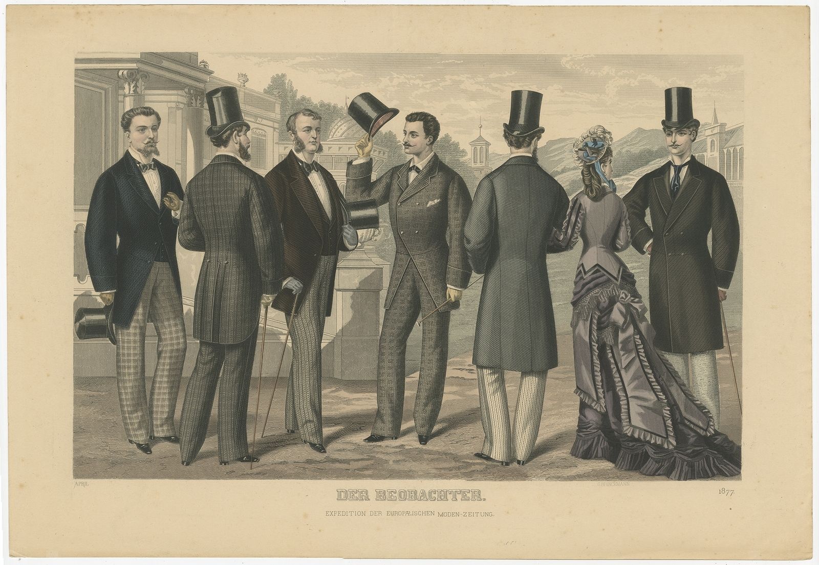 Antique Print Of Fashion In April 1877 By Klemm & Weiss (C.1900)