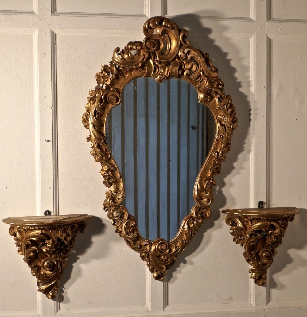 Large 19th Century French Rococo Gilt Console Mirror And Wall Brackets Set