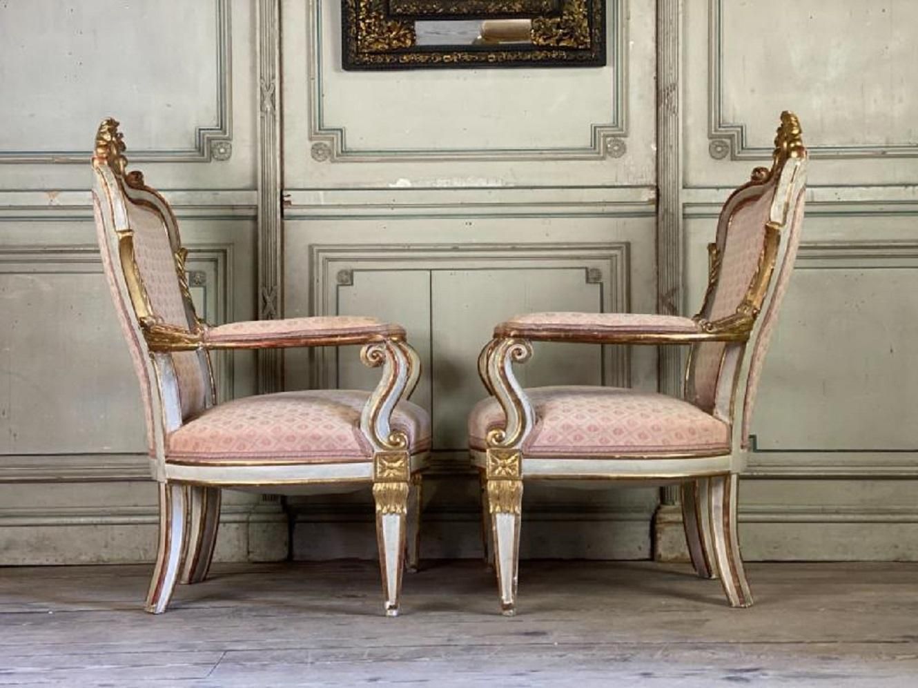 photo for sale Pair Of Italian Armchairs In Sculpted Giltwood