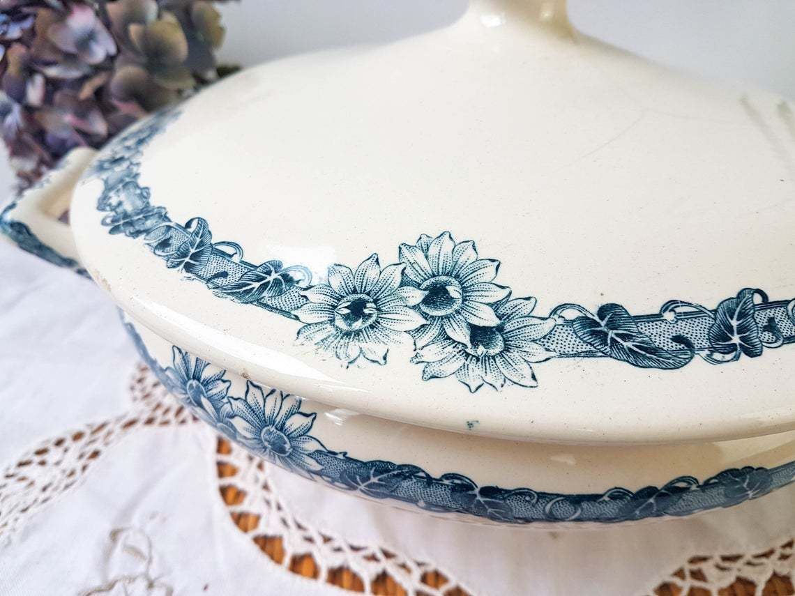 Longchamp "Denise" Soup Tureen Terre De Fer Soup Tureen Blue Flowers Decor ~ Old Dish ~ French Antique photo Home Decor