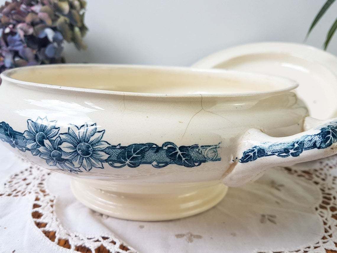 Longchamp "Denise" Soup Tureen Terre De Fer Soup Tureen Blue Flowers Decor ~ Old Dish ~ French Antique photo buy
