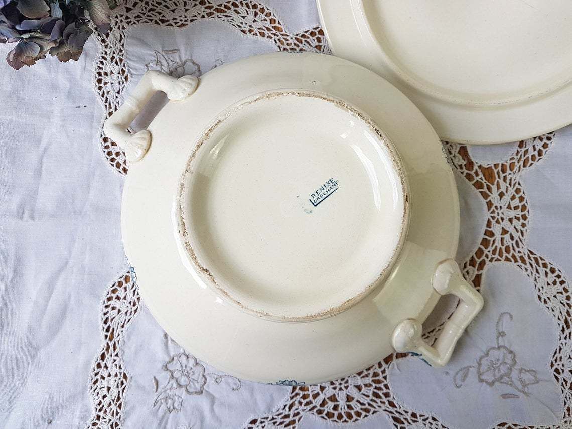 photo for sale Longchamp "Denise" Soup Tureen Terre De Fer Soup Tureen Blue Flowers Decor ~ Old Dish ~ French Antique