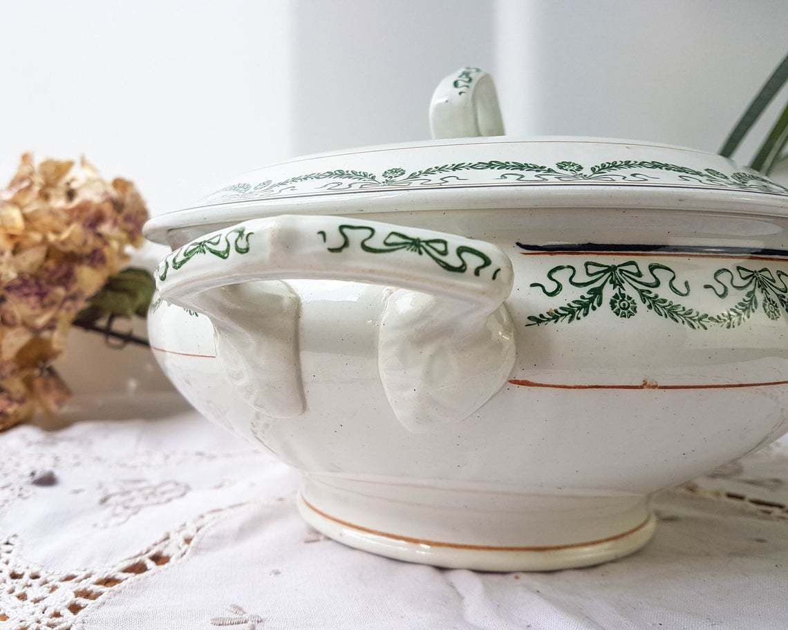 Saint Amand Soup Tureen "5006" Iron Earth Tureen Blue Green Decor ~ Old Dish ~ French Antique Transferware photo 64.0