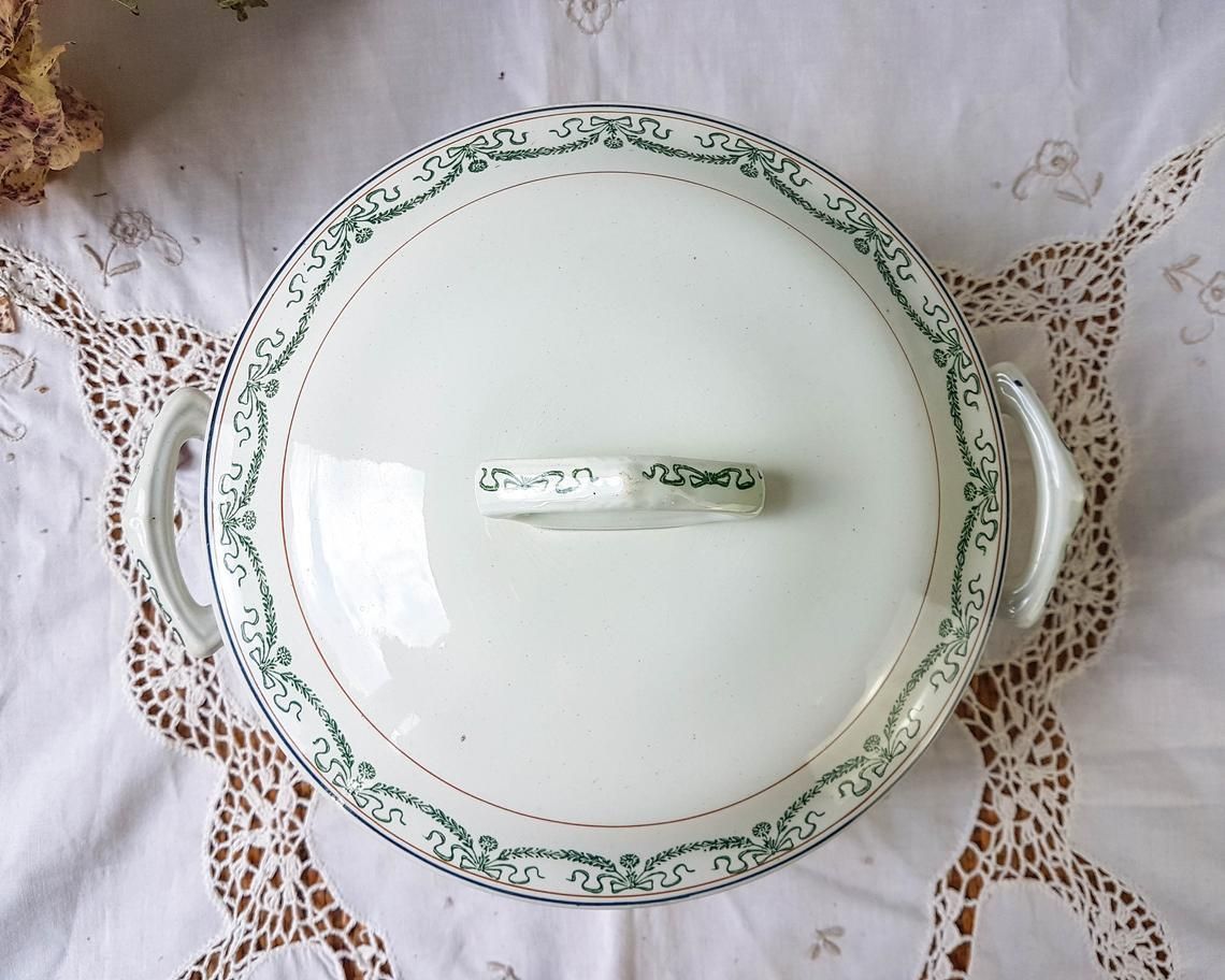 Saint Amand Soup Tureen "5006" Iron Earth Tureen Blue Green Decor ~ Old Dish ~ French Antique Transferware photo vintage
