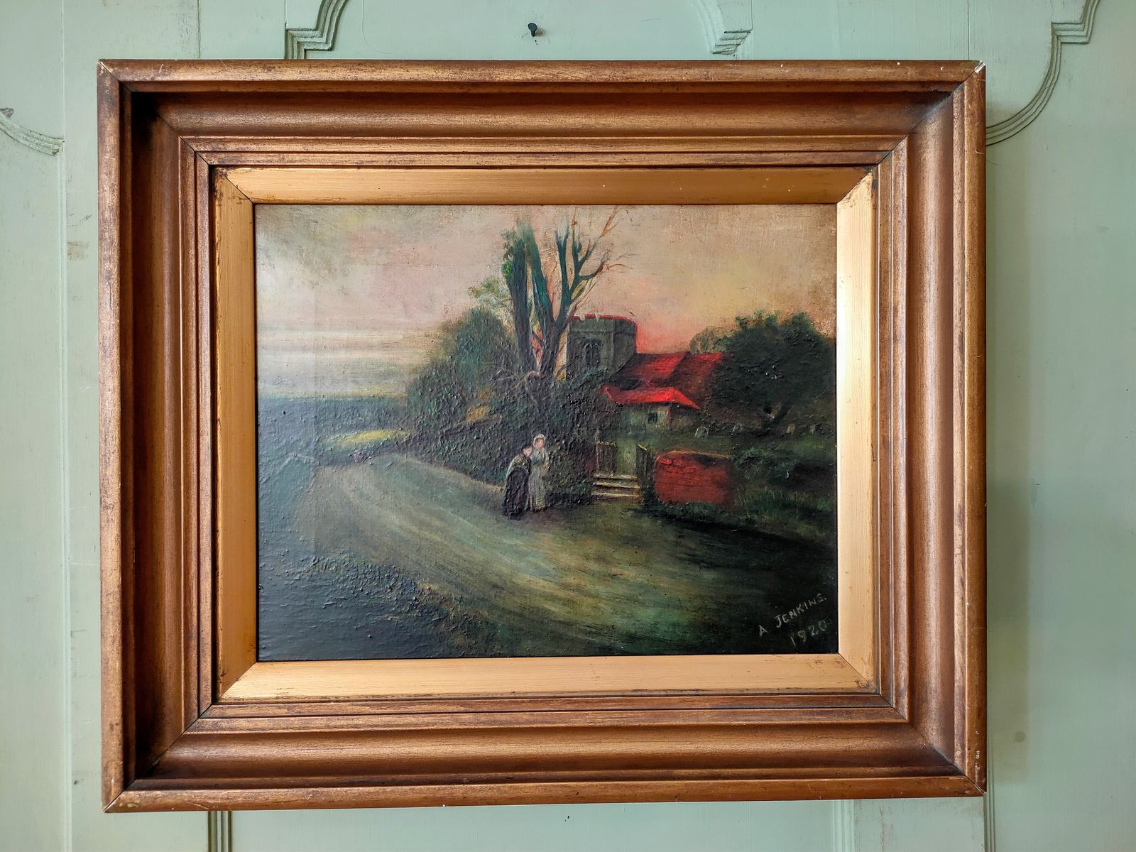 Oil Painting   'A Country Lane By A Church' Signed A Jenkins