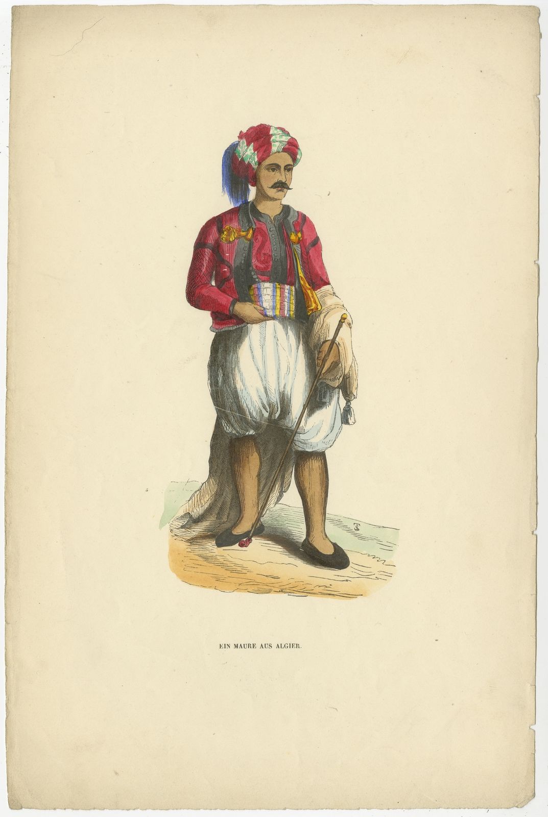 Antique Print Of A Moor From Algiers By Berghaus (C.1845)