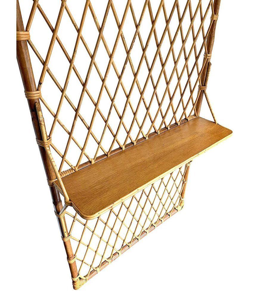 photo for sale 1970s French Riviera Rattan And Bamboo Coat Rack With Wooden Shelf