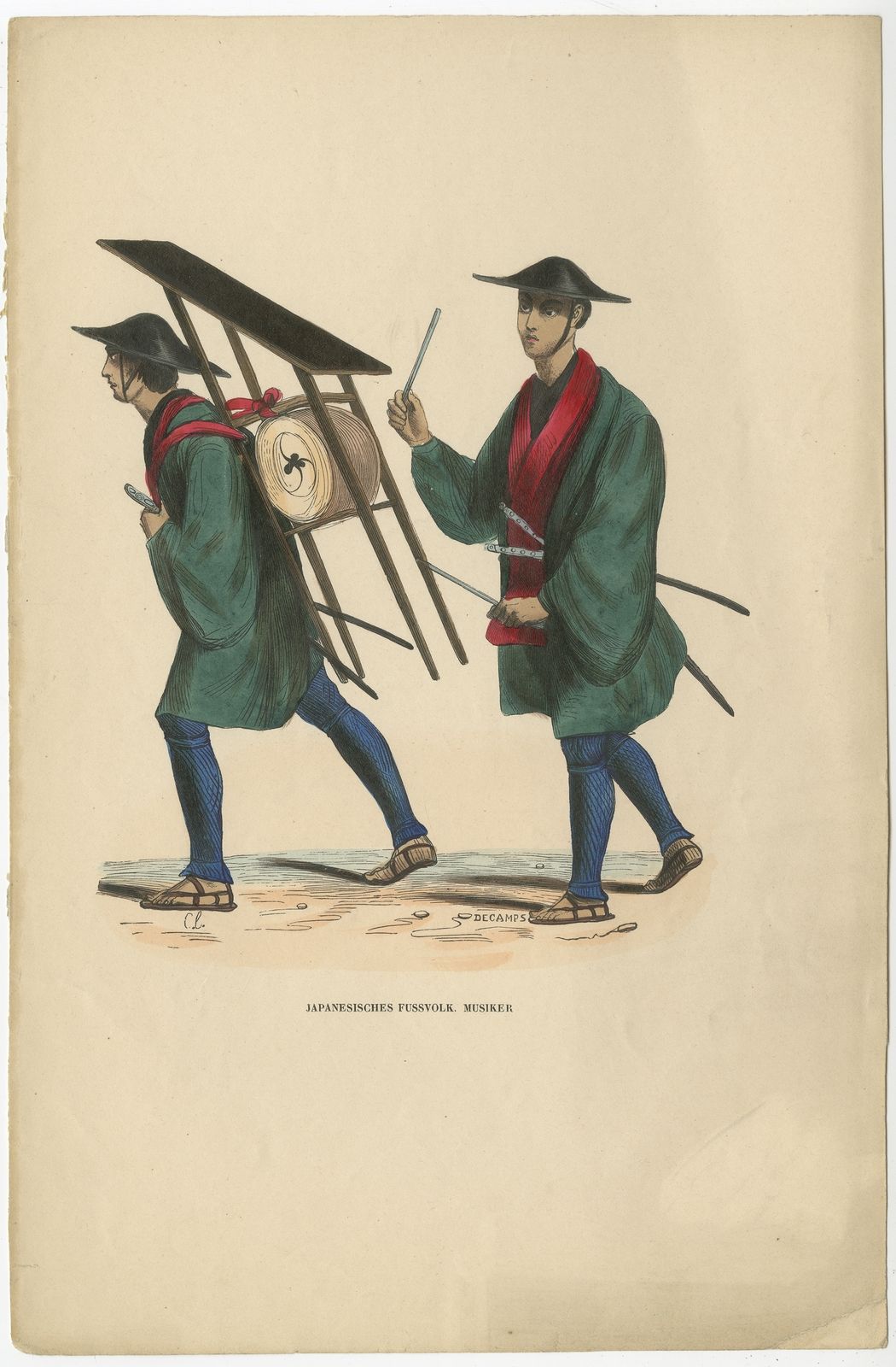 Antique Print Of Japanese Infantry Musicians By Berghaus (C.1845)